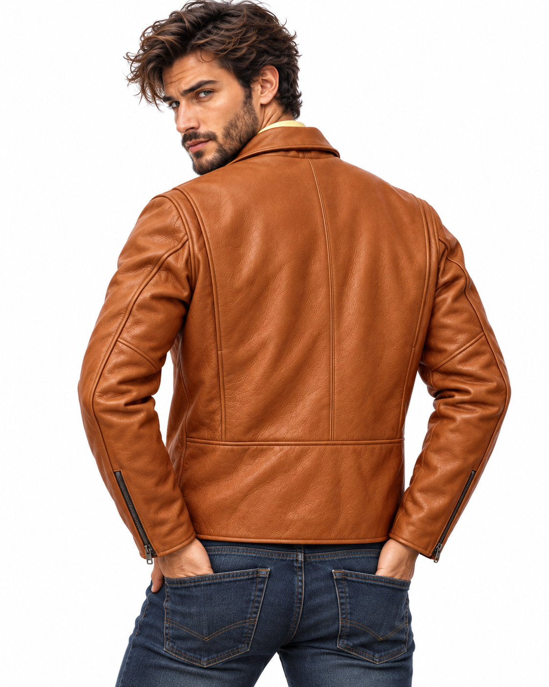 Men's Camel Cowhide Leather Moto Jacket: Slim Fit Bomber