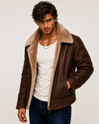 Brown Suede Leather Aviator Jacket – Shearling Collar