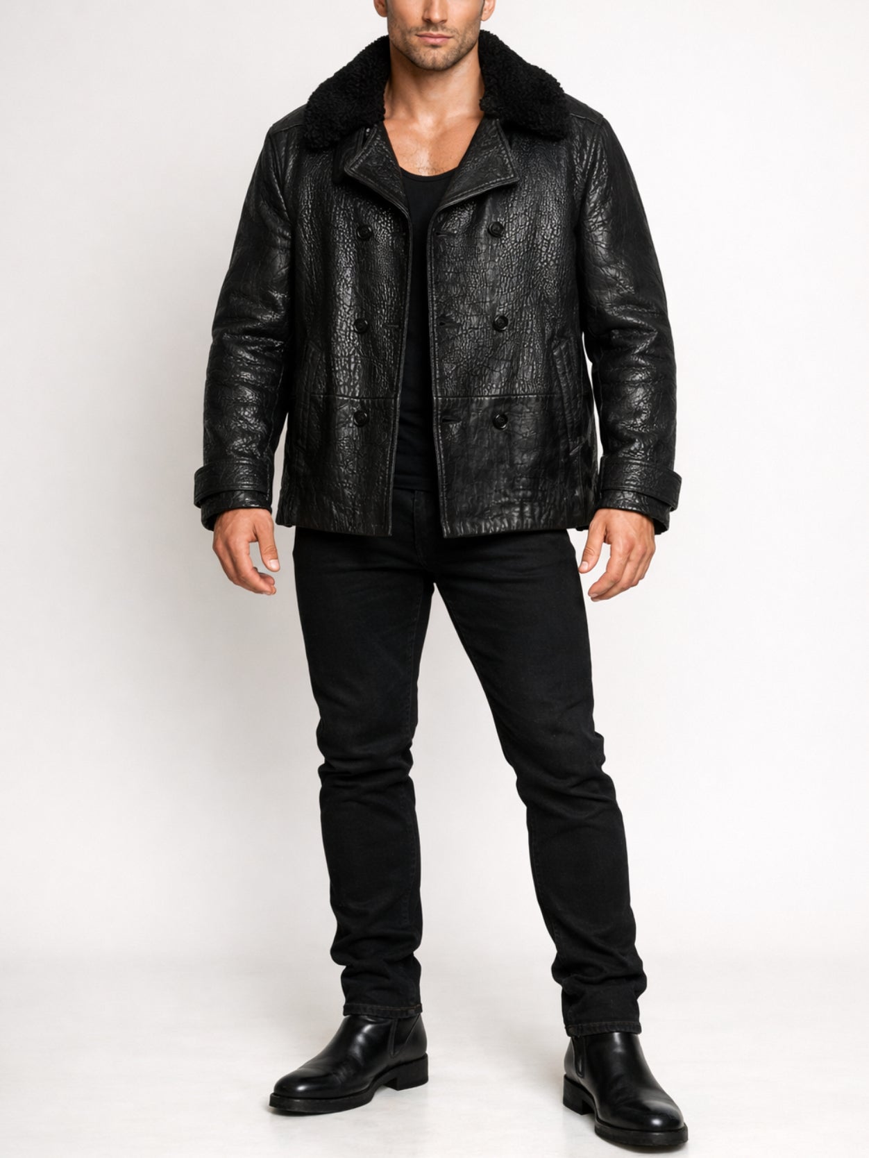 Hudson Black Leather Peacoat Jacket