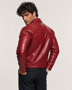 Men's Crimson Red Sheep Leather Jacket - Classic Fit: Daaran – collar and zipper detail