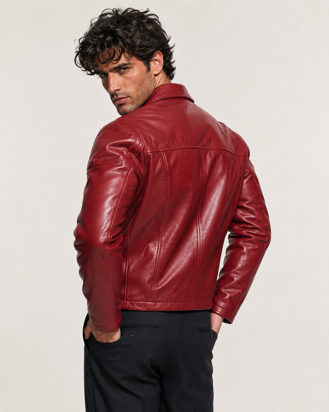 Men's Crimson Red Sheep Leather Jacket - Classic Fit: Daaran – collar and zipper detail