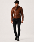 Copper Hawk Cognac Brown Leather Biker Jacket
