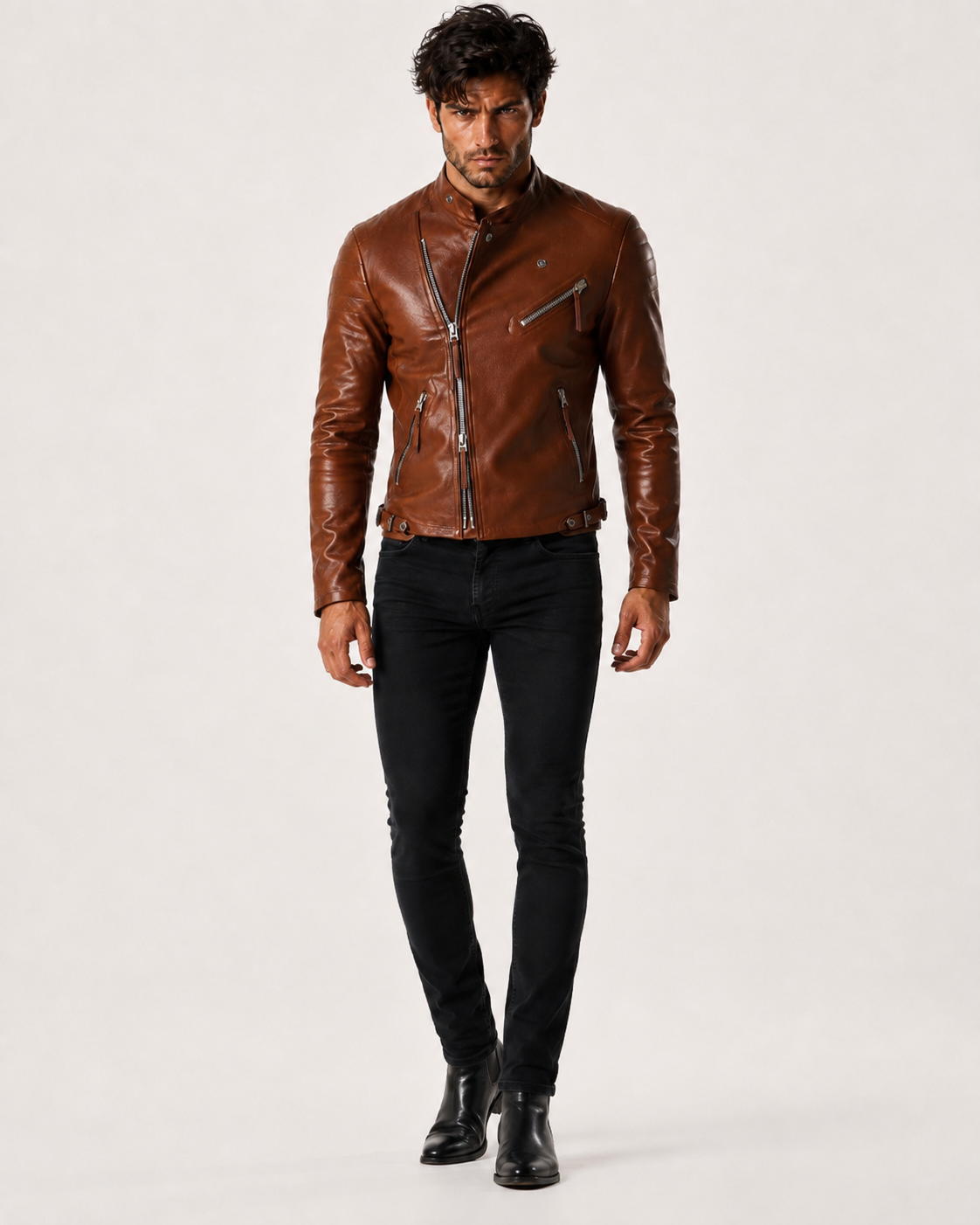 Copper Hawk Cognac Brown Leather Biker Jacket