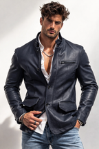 Vareno Navy Blue Leather Jacket – Slim Fit Stand Collar | Daaran