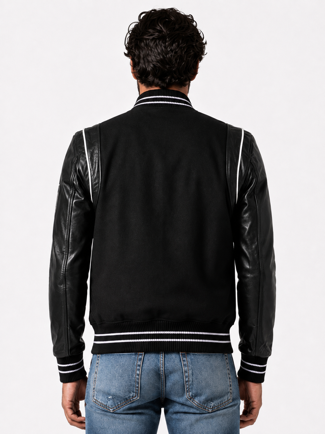 Varsity Black Leather Bomber Jacket