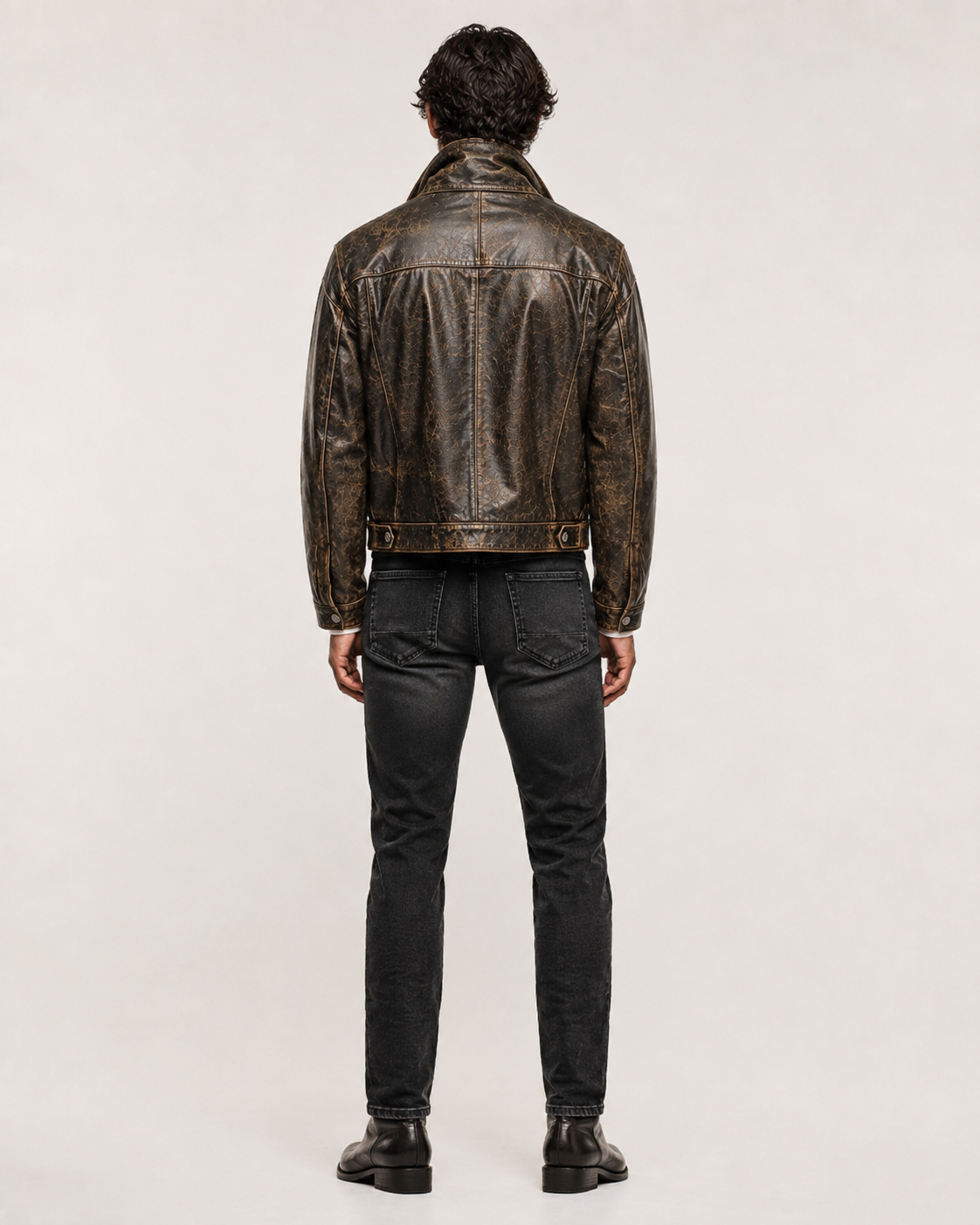 Distressed Brown Trucker Jacket – Daaran Rustell – three-quarter view