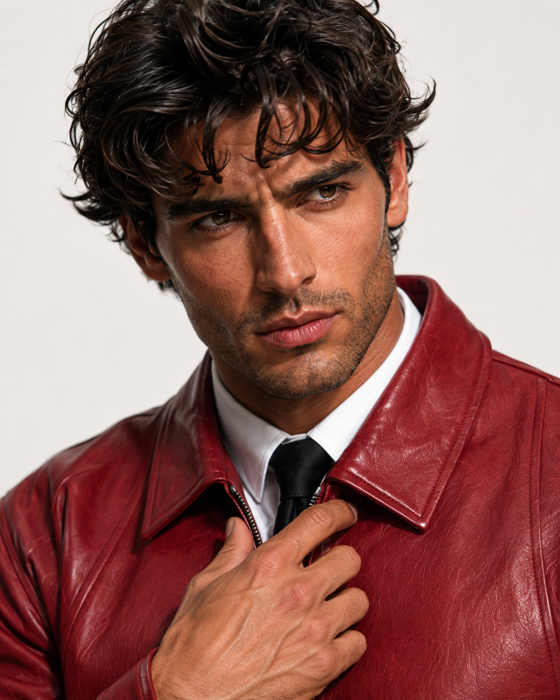 Men's Crimson Red Sheep Leather Jacket - Classic Fit: Daaran – close-up of leather texture and stitching