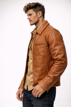 Men’s Camel Cowhide Leather Jacket – Slim Fit Moto Cafe Racer Jacket