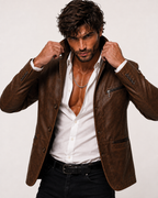 Cognac Brown Suede Leather Blazer – VEYNOR | Daaran – side profile view