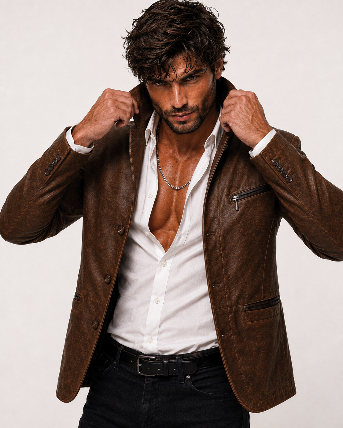 Cognac Brown Suede Leather Blazer – VEYNOR | Daaran – side profile view