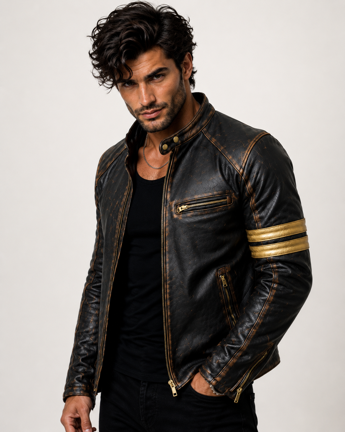 Golden Stripes Brown Leather Cafe Racer Jacket