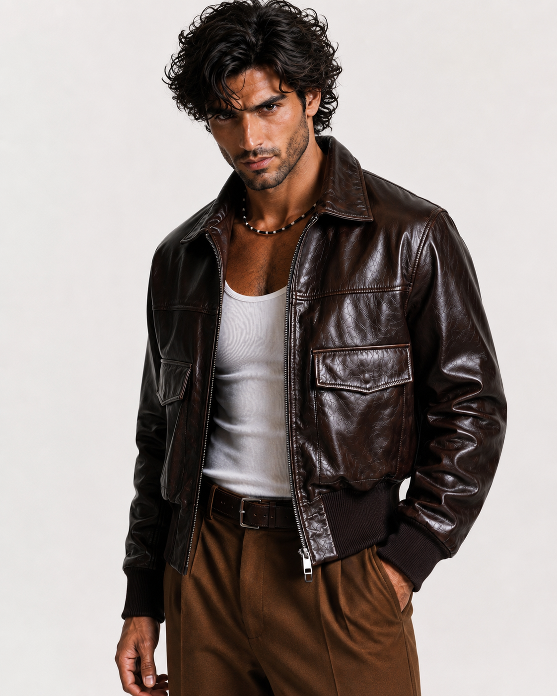 Cafe Maverick Brown Leather Bomber Jacket | Daaran – back view