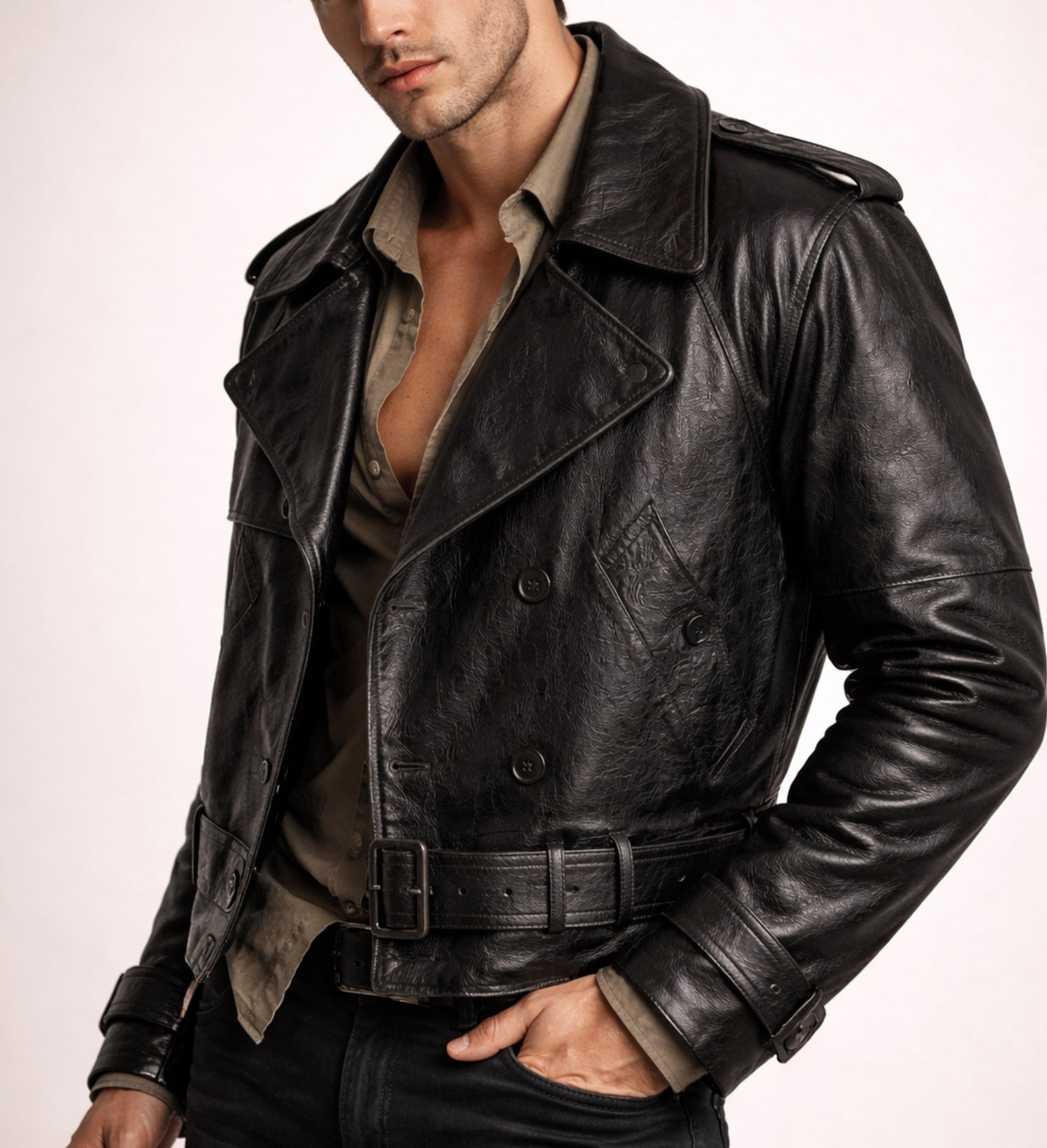 Vanta Black Cropped Leather Trench Jacket