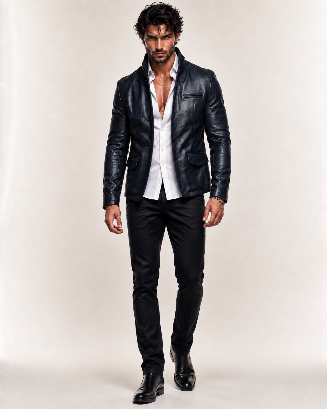 Daaran Vareno Navy Blue Leather Stand-Collar Jacket