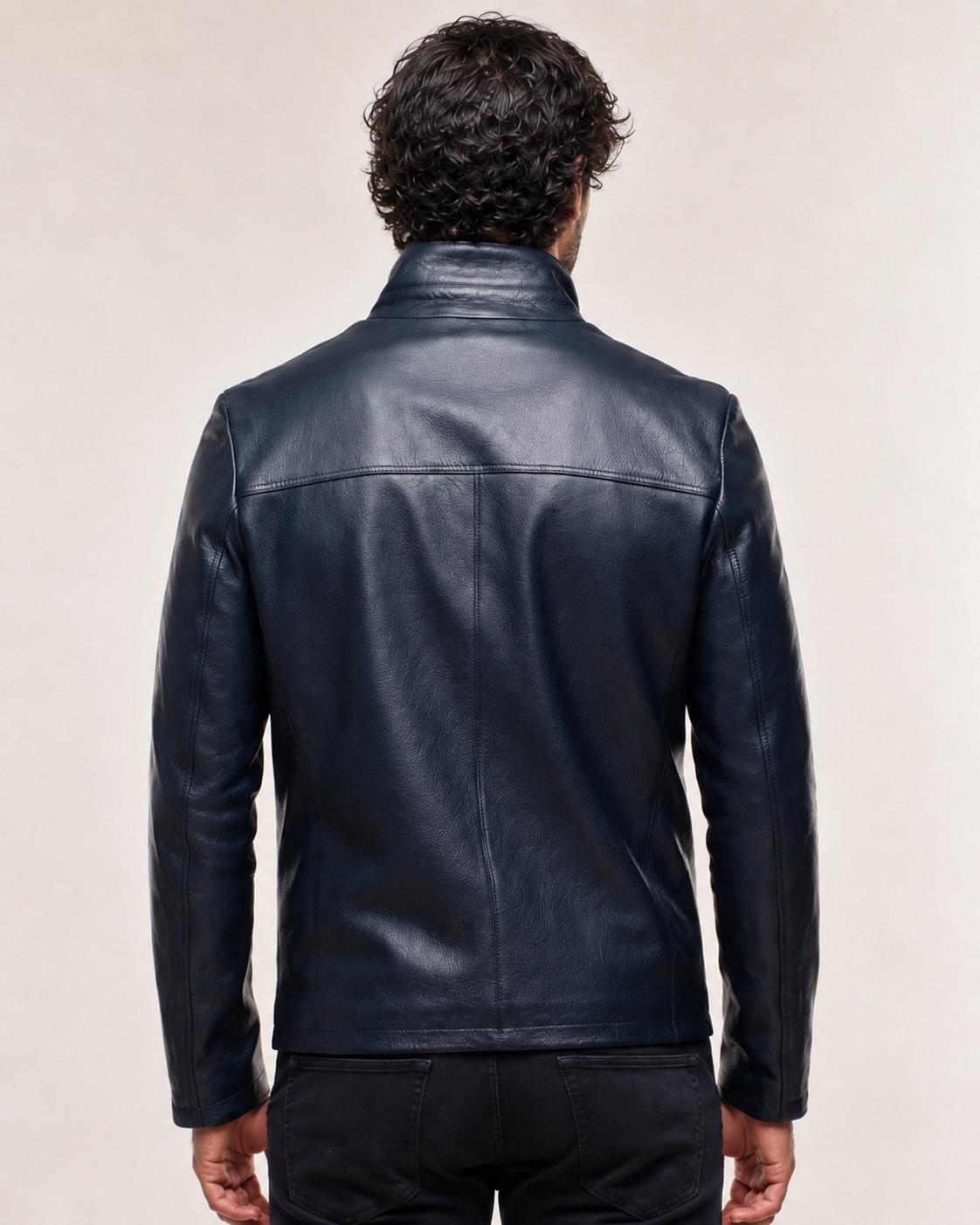 Daaran Vareno Navy Blue Leather Stand-Collar Jacket