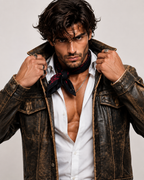 Distressed Brown Trucker Jacket – Daaran Rustell – close-up of leather texture and stitching