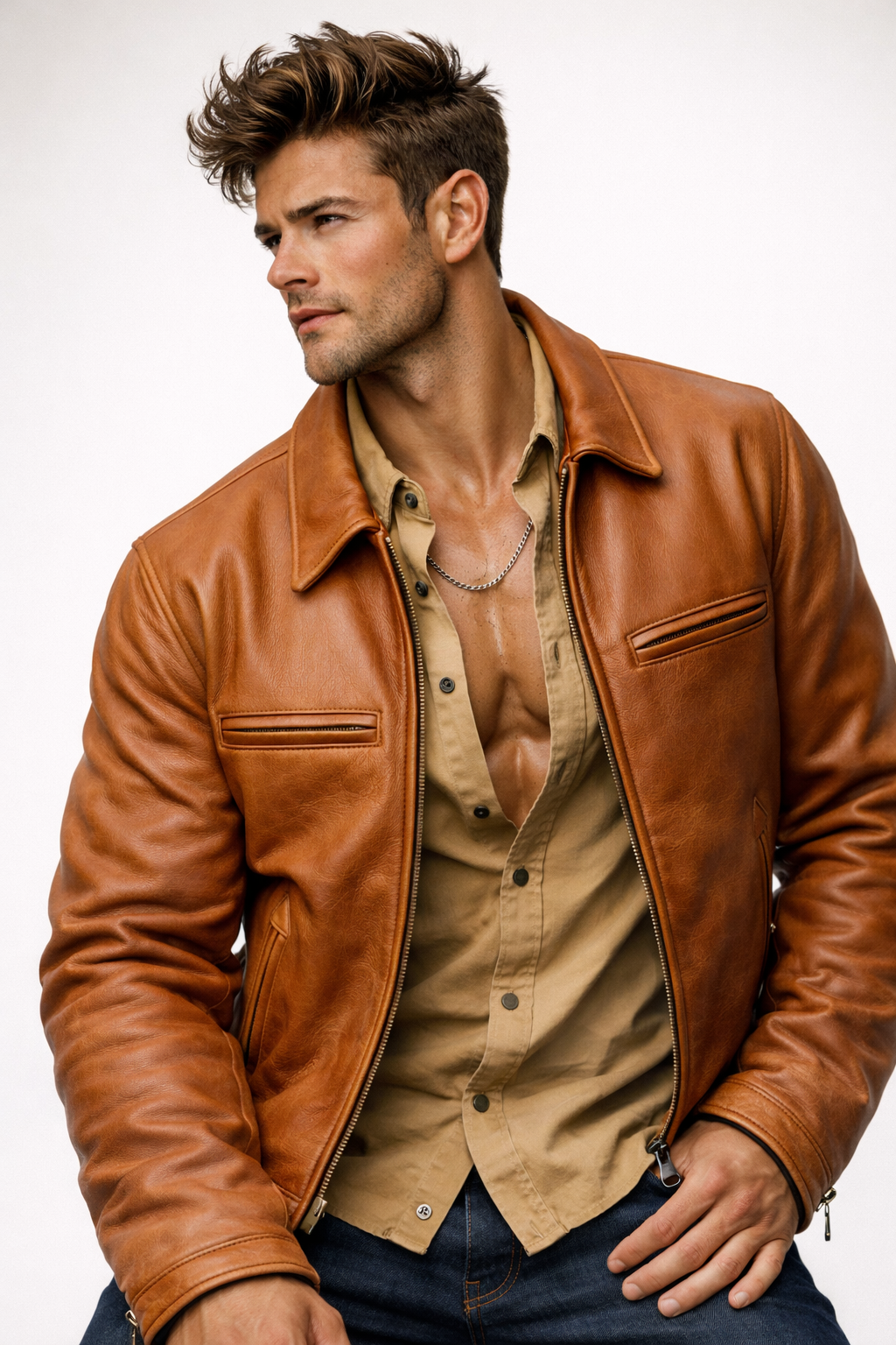 Men’s Camel Cowhide Leather Jacket – Slim Fit Moto Cafe Racer Jacket