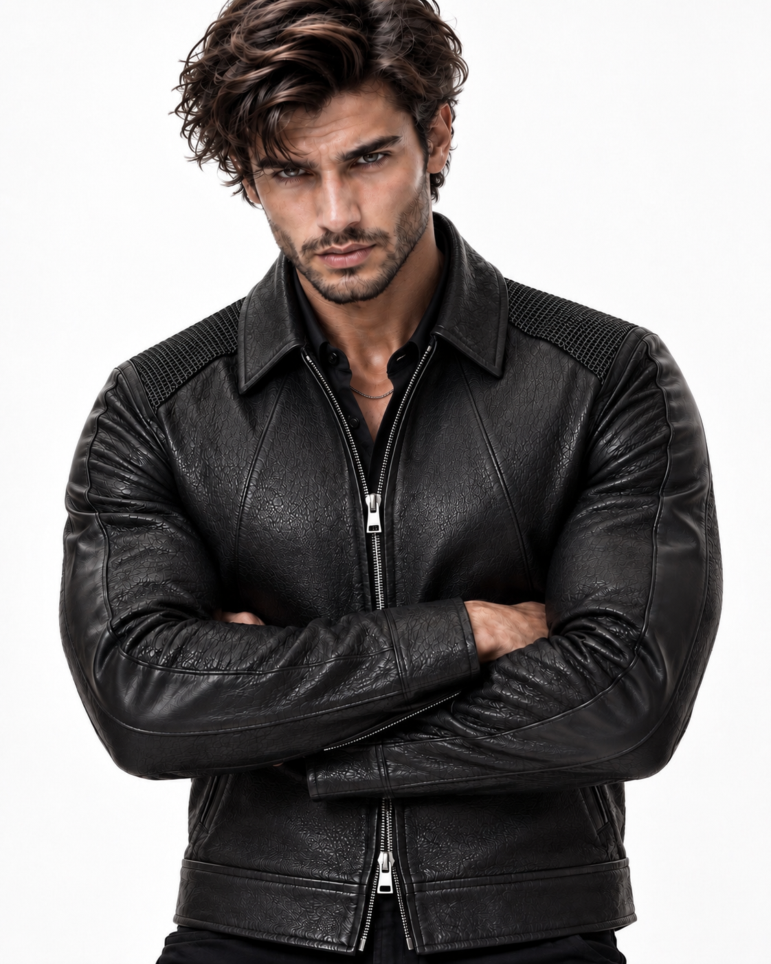 Black Cowhide Leather Bomber Jacket – Slim Fit Moto