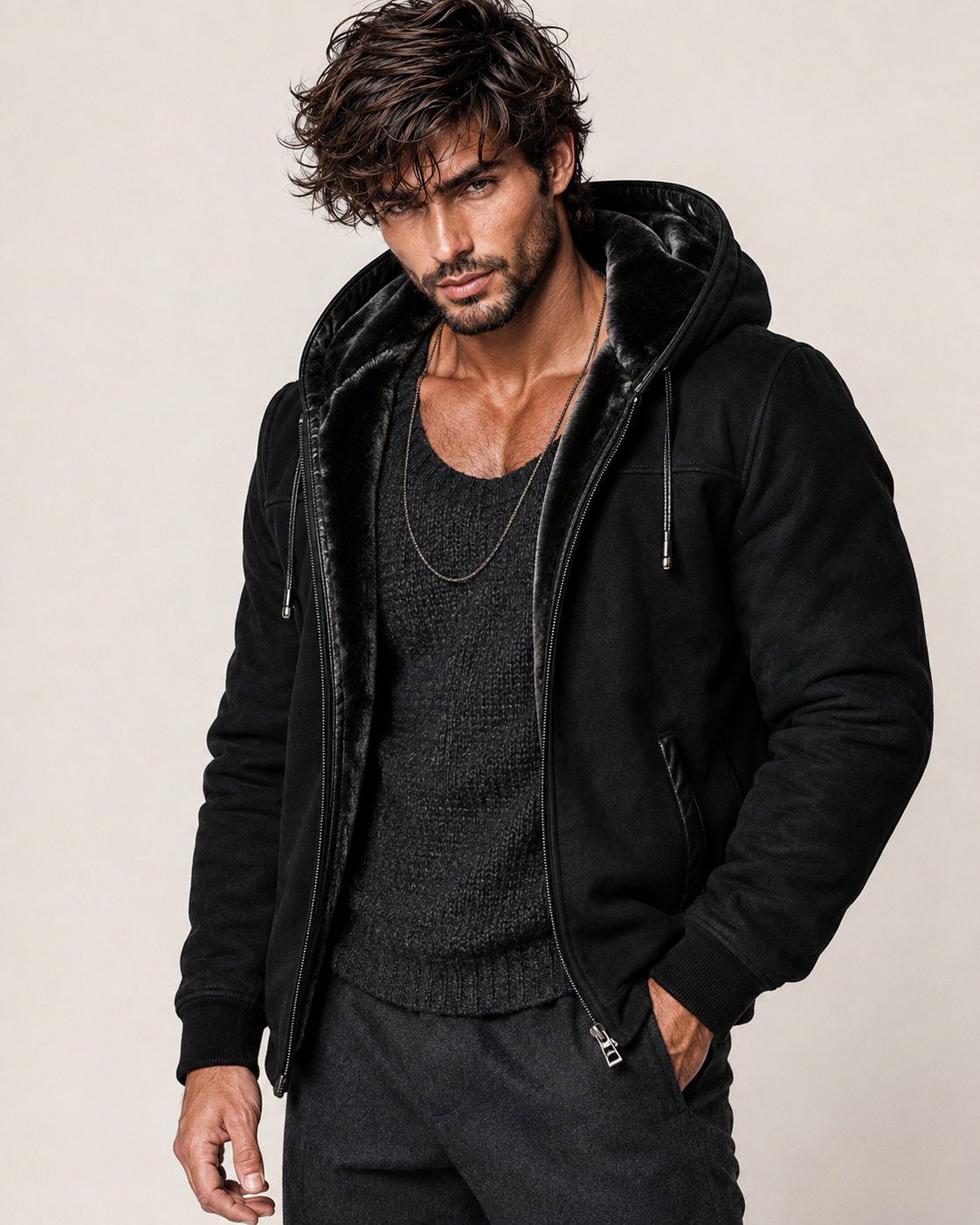 Black Suede Shearling Hoodie Jacket – Dravik
