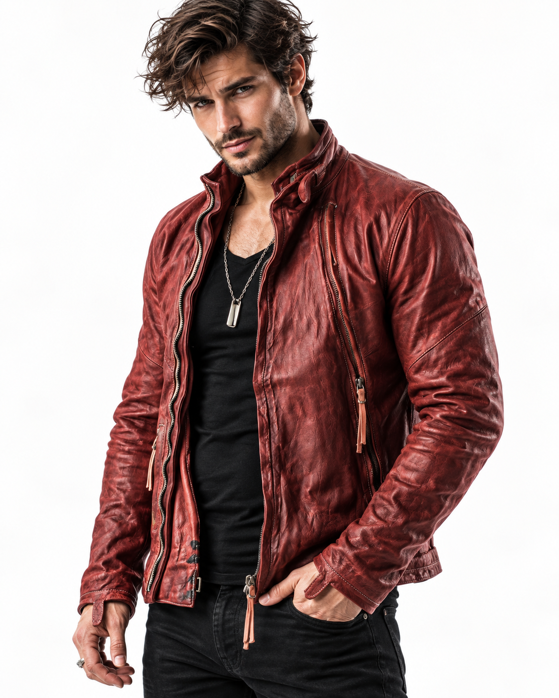 Rovek by Daaran Red Distressed Sheep Leather Moto Jacket