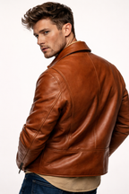 Men’s Camel Cowhide Leather Jacket – Slim Fit Moto Cafe Racer Jacket