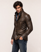 Brown Sheep Leather Blazer Jacket – Slim Fit Moto | Daaran – collar and zipper detail
