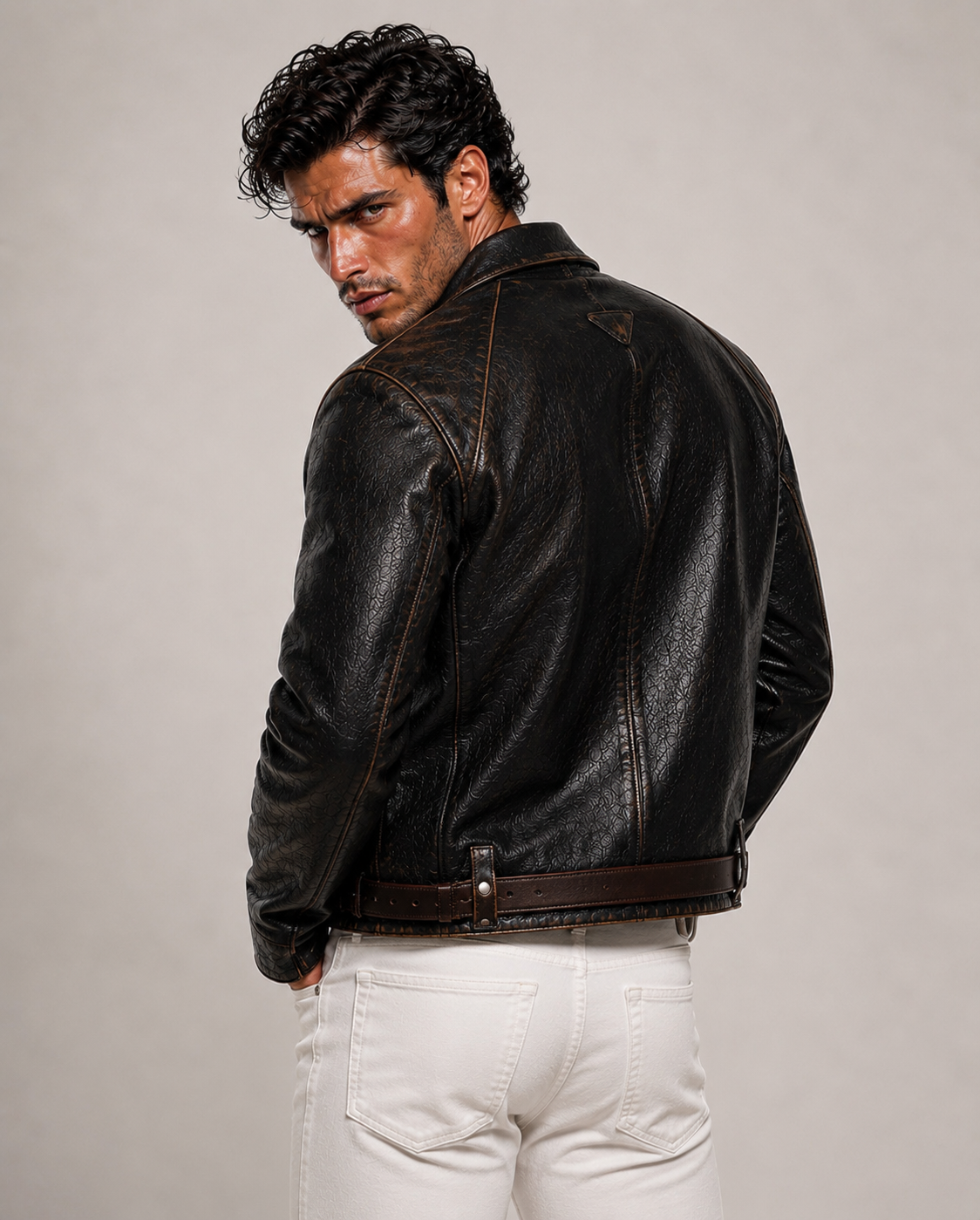 Vossen Black Distressed Sheepskin Leather Jacket