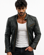 Distressed Green Sheep Leather Biker Jacket