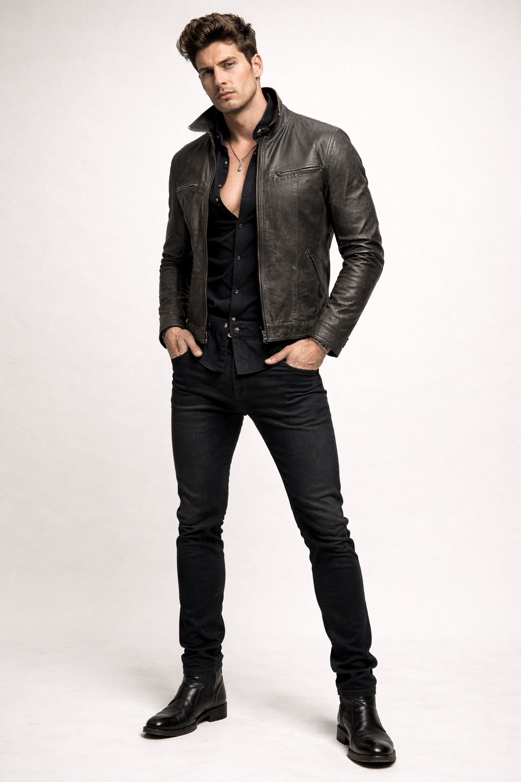 Storm Ridge Distressed Charcoal Black Leather Jacket