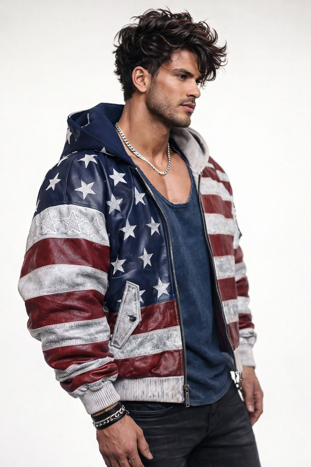 Men’s Distressed Sheep Leather Bomber Jacket – Vintage Flag | Daaran Keaton