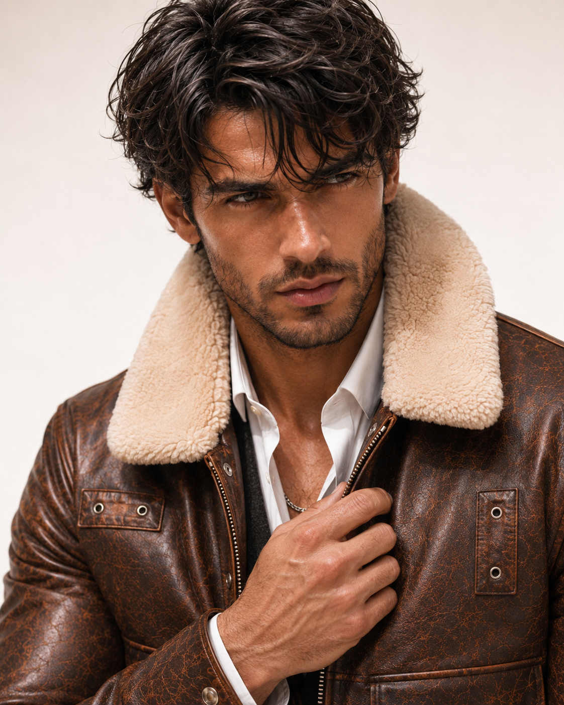 Distressed Brown Shearling Trucker Jacket – Daaran Maverick – close-up of leather texture and stitching