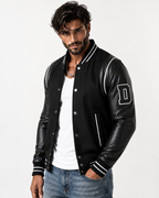 Varsity Black Leather Bomber Jacket