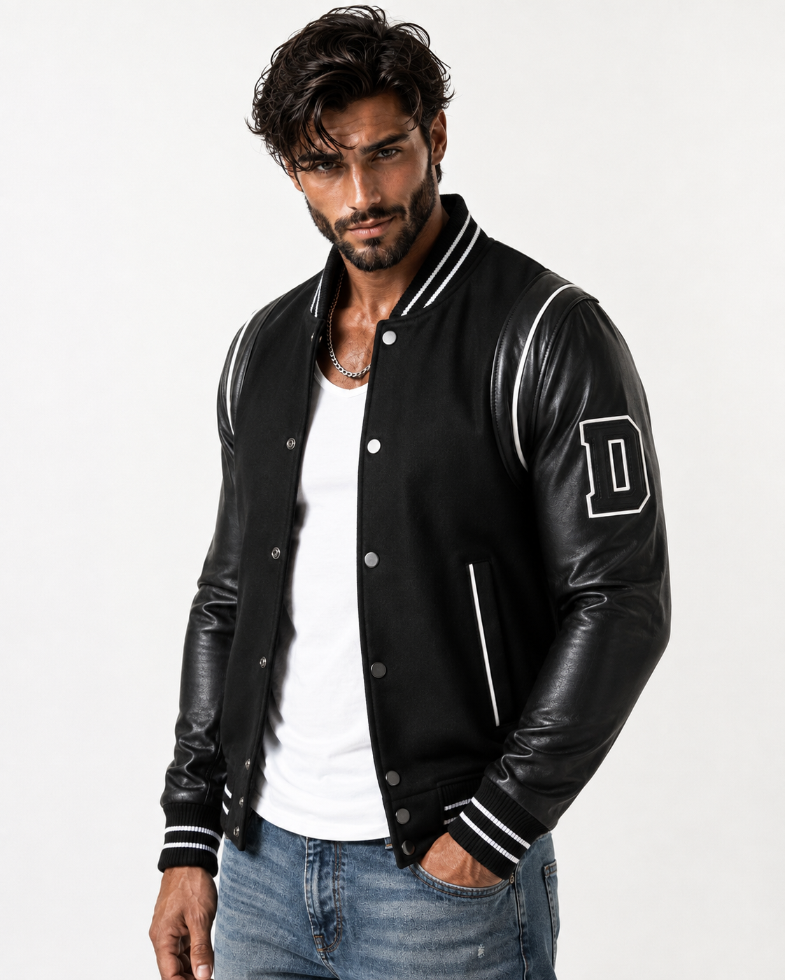 Varsity Black Leather Bomber Jacket