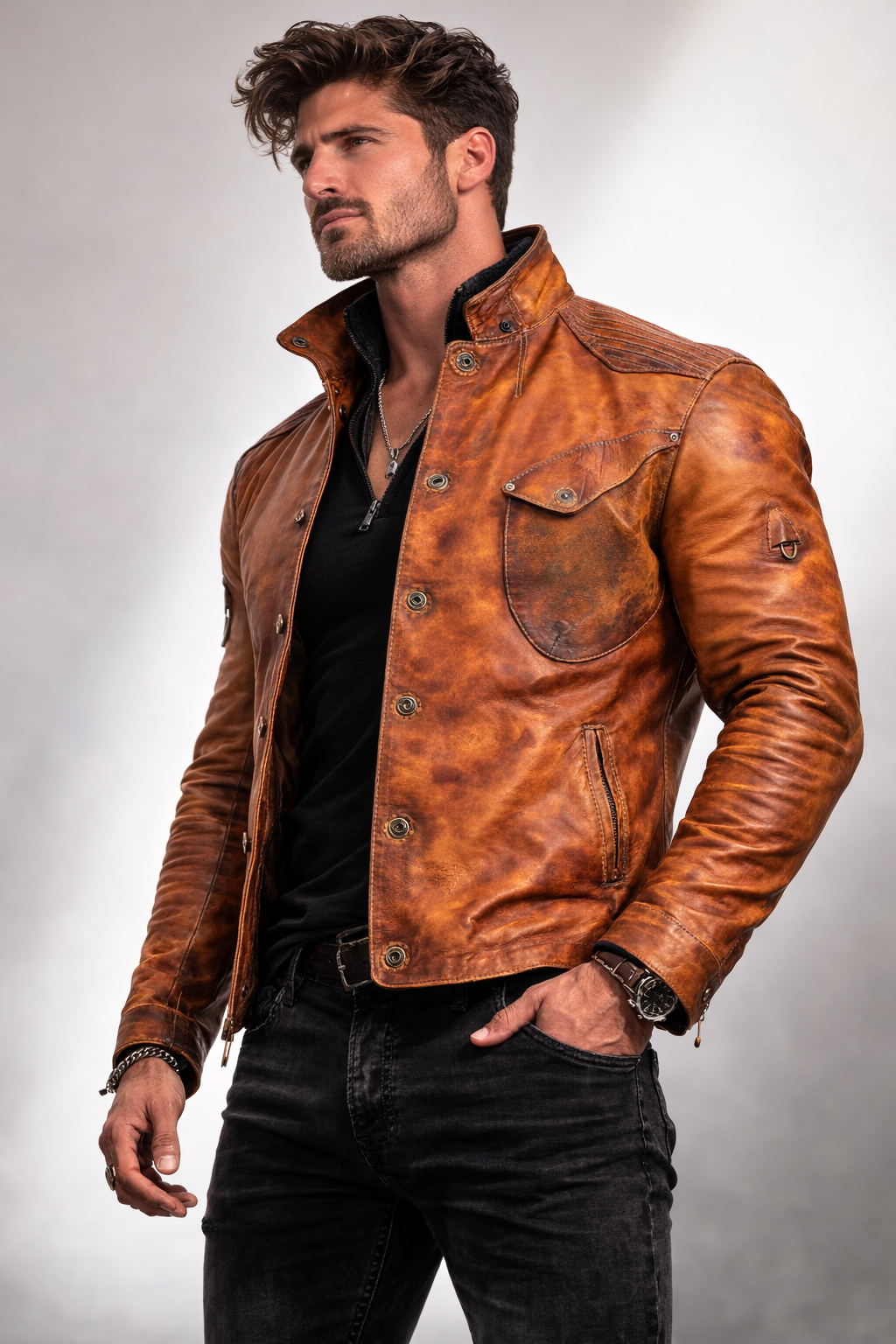 Cognac Burnished Leather Jacket – Dravenor by Daaran