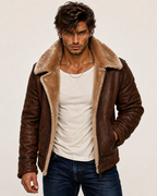 Brown Suede Leather Aviator Jacket – Shearling Collar