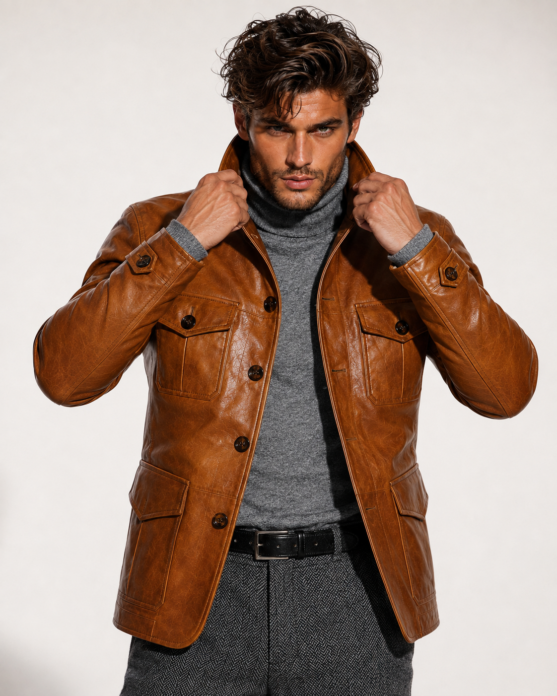 Arvell Handmade Cognac Sheep Leather Safari Field Jacket