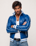 Veloce Royale Royal Blue Leather Bomber Jacket | Daaran – side profile view
