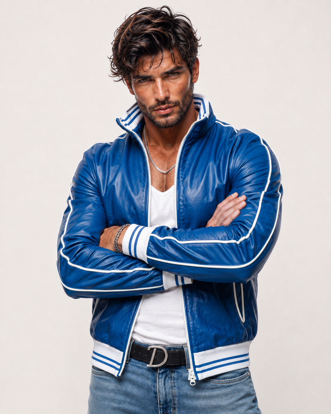Veloce Royale Royal Blue Leather Bomber Jacket | Daaran – side profile view
