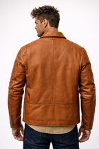 Men’s Camel Cowhide Leather Jacket – Slim Fit Moto Cafe Racer Jacket
