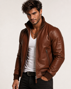 Crest Cognac Brown Leather Bomber Jacket