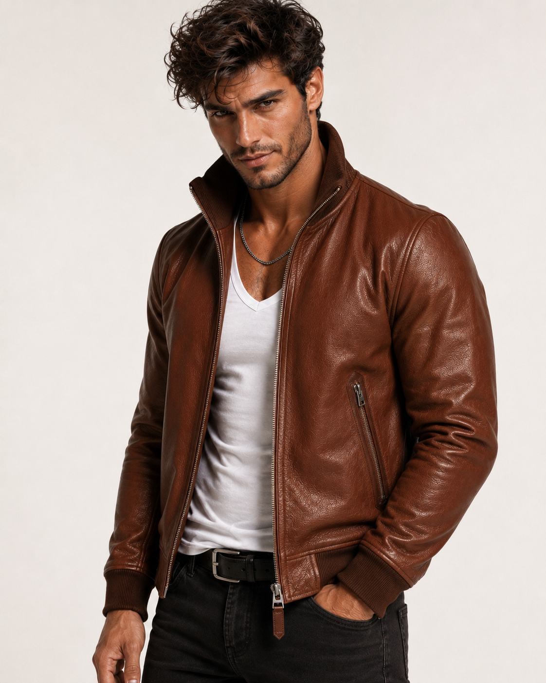 Crest Cognac Brown Leather Bomber Jacket