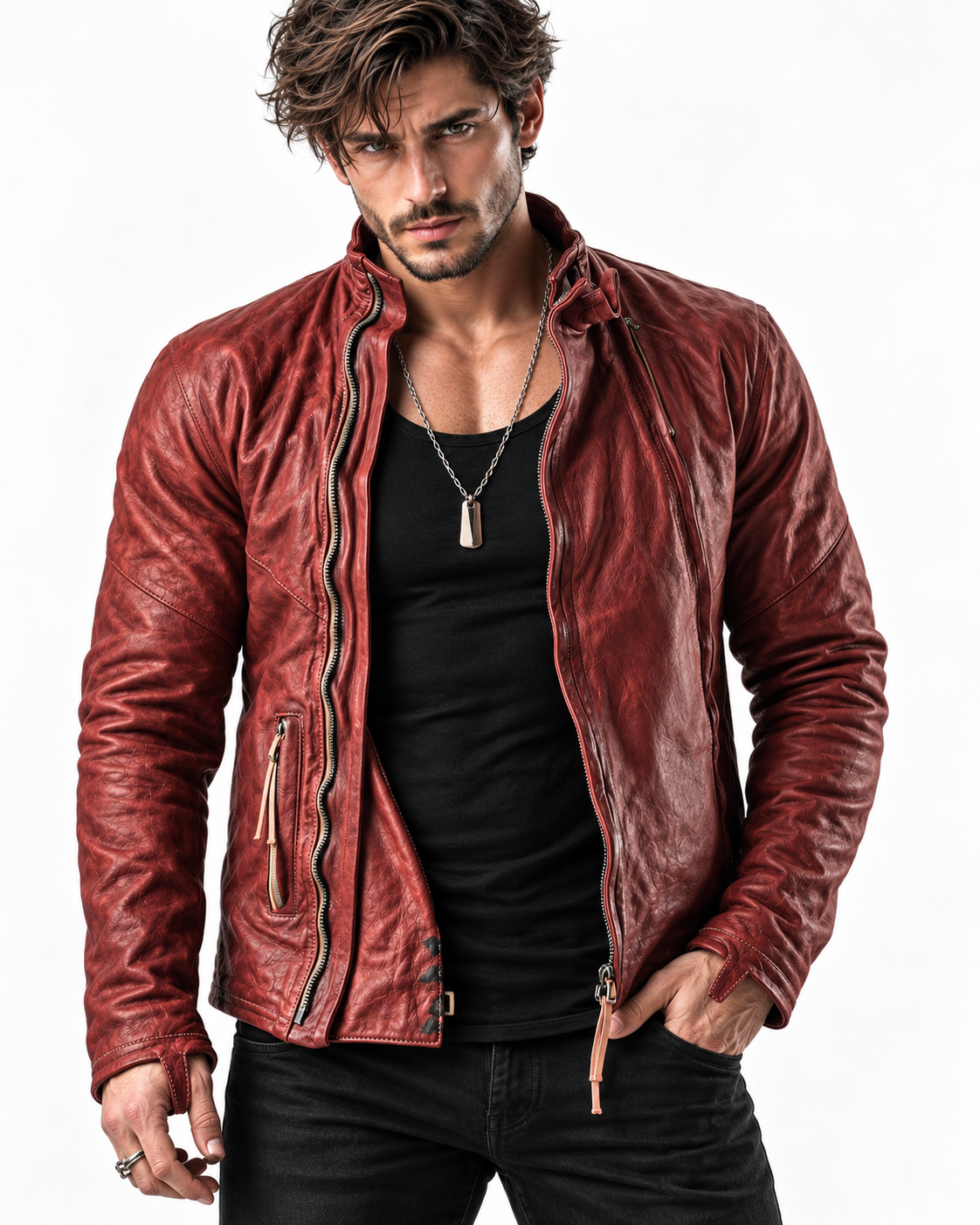 Rovek by Daaran Red Distressed Sheep Leather Moto Jacket
