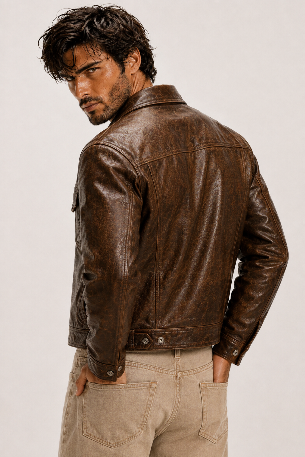 Tobacco Storm Brown Leather Trucker Jacket