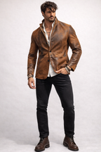 Men’s Brown Genuine Leather Jacket – Slim Fit Blazer Style | Korvane