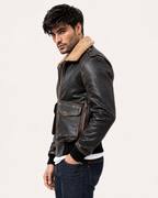 Distressed Brown Shearling Aviator Bomber Jacket