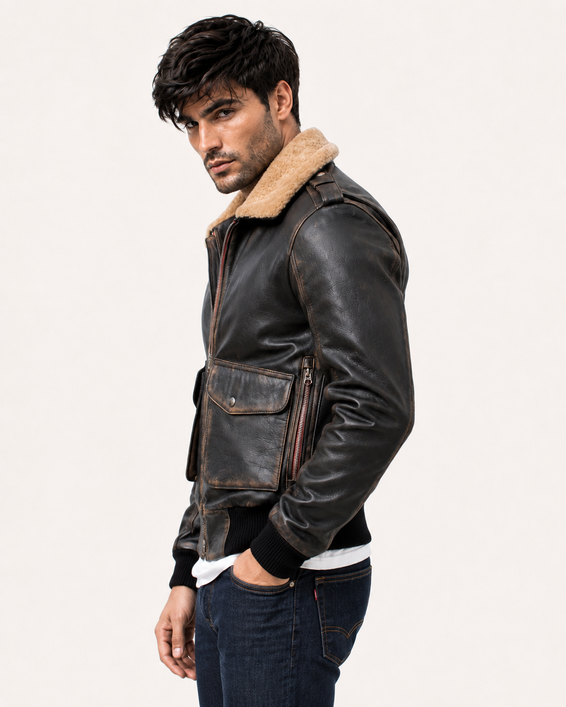 Distressed Brown Shearling Aviator Bomber Jacket