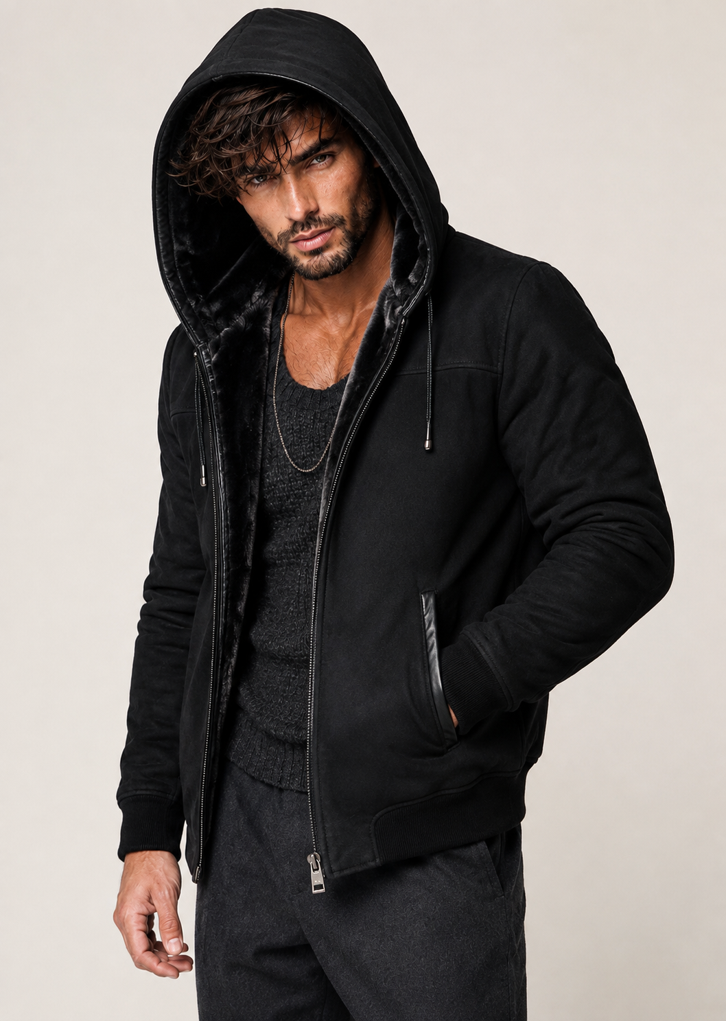Black Suede Shearling Hoodie Jacket – Dravik