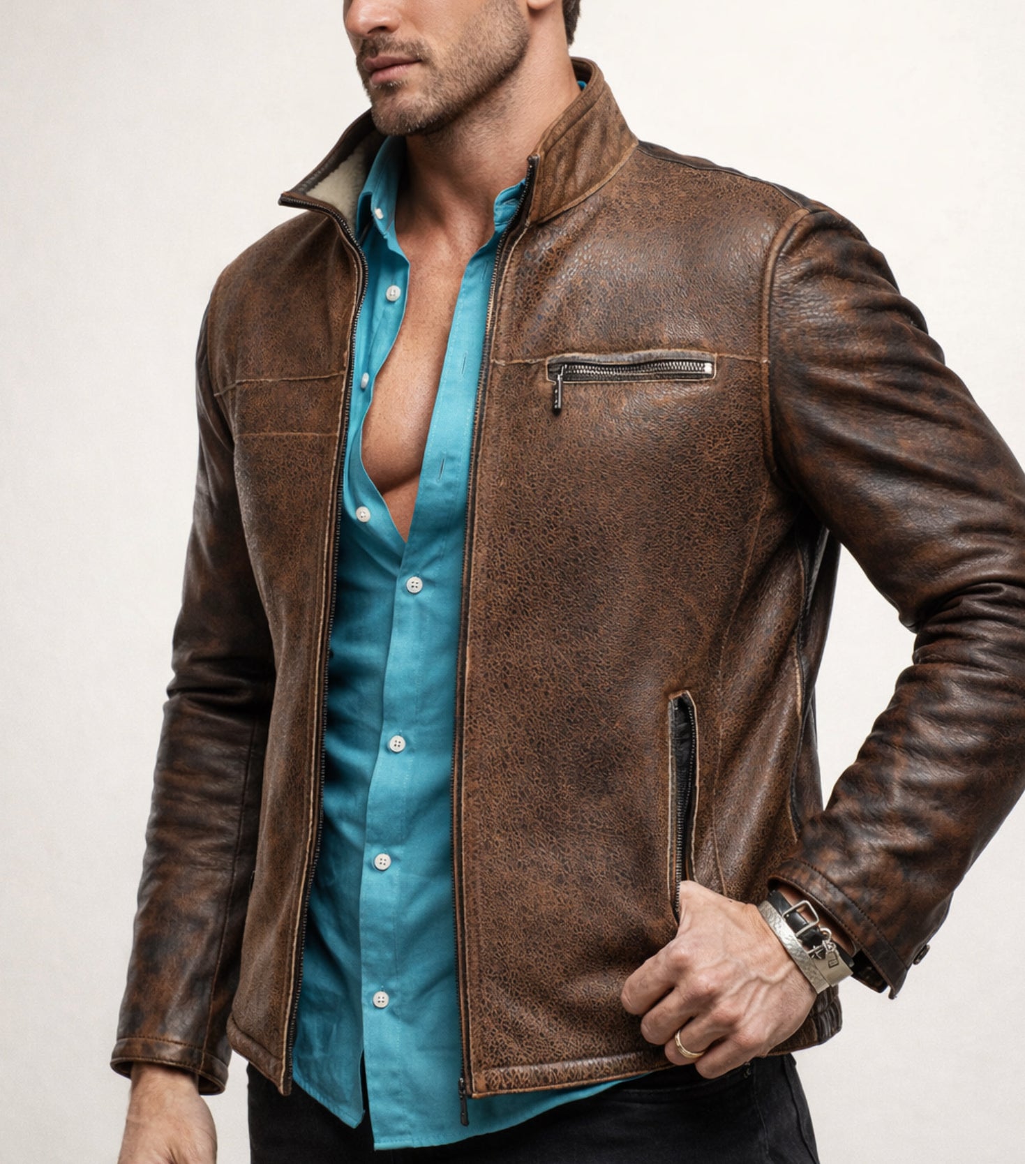 Rustborn Luxe Distressed Brown Leather Biker Jacket