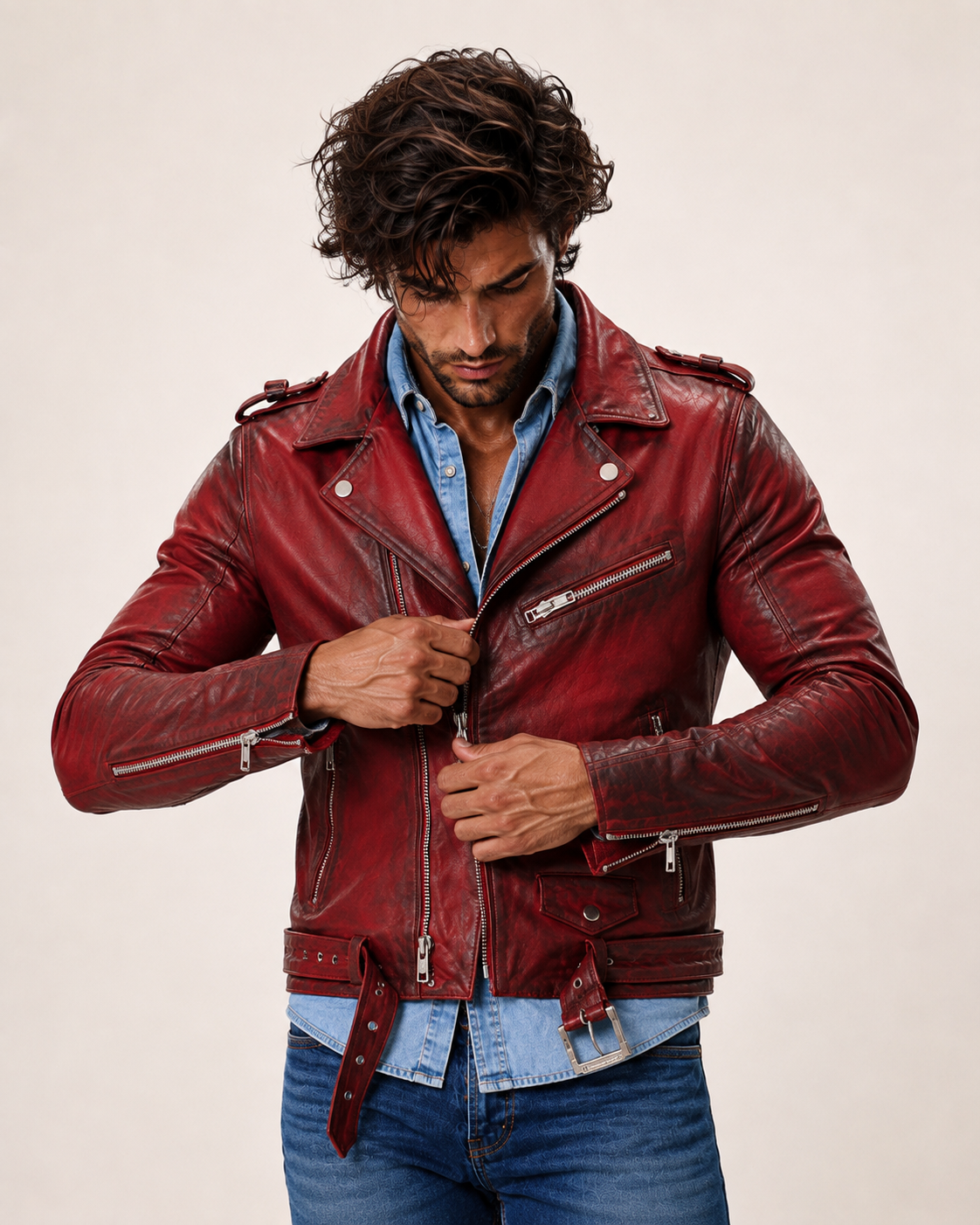 Urban Raider Distressed Red Leather Moto Jacket