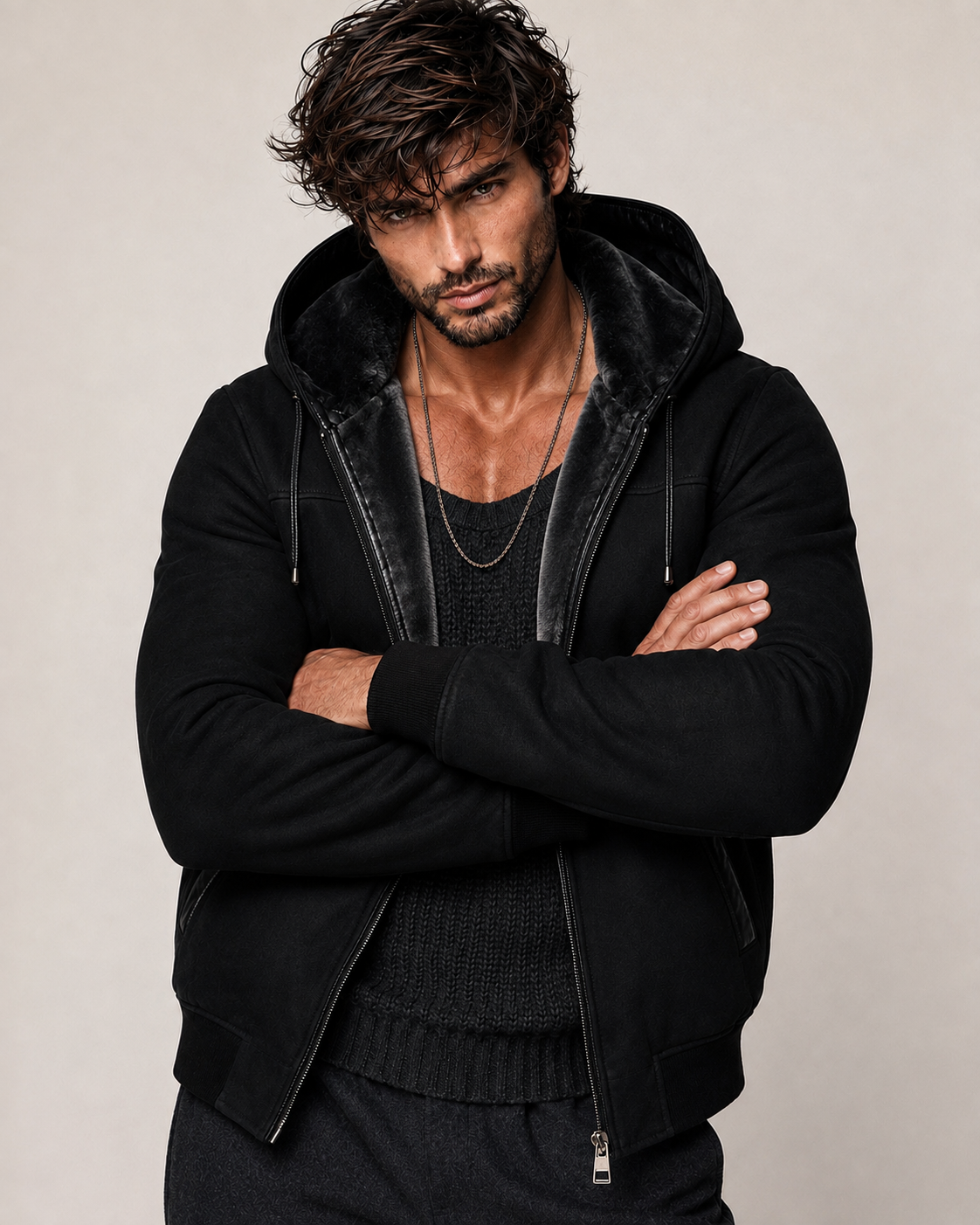 Black Suede Shearling Hoodie Jacket – Dravik
